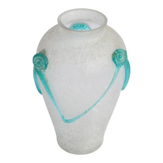 Archimede Seguso Style Scavo Corroso Art Glass Vase Frosted & Aqua Murano Glass For Sale