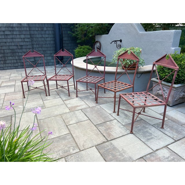 Lovely set of 5 outdoor garden chairs in the Venetian Style. Circa 1980's, could be earlier. Heavy metal construction,...