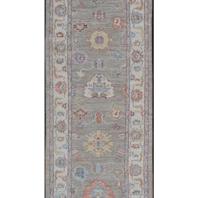 Tribal Modern Oushak Runner With Orange and Blue Motifs on Light Gray Background For Sale - Image 3 of 13