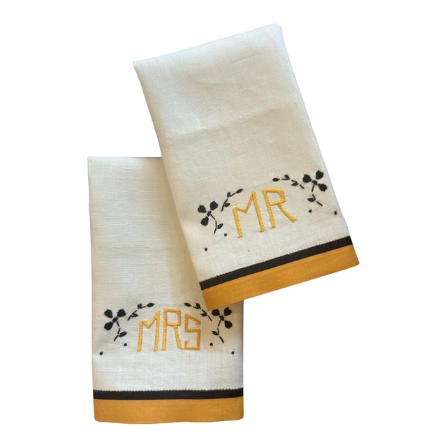 Vintage Mr & Mrs Linen Towels Saffron Black Trim Monogram Embroidered Guest Towels - a Pair For Sale
