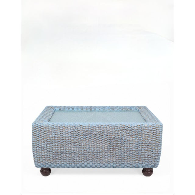 Cornflower Blue Vintage Century Furniture Custom Painted Light Blue, Tan Rectangular Coastal Regency Wicker Coffee Table With Glass Top For Sale - Image 8 of 13