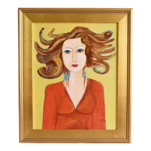 French Mademoiselle W/ Long Flowing Red Hair Portriat Painting Including the Antiqued Gold Wood Frame