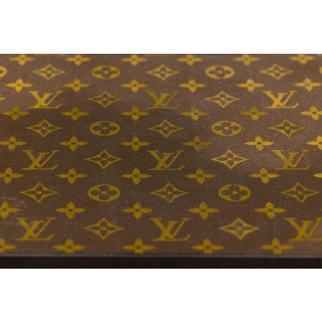 Industrial Louis Vuitton Leather Top Small Side Table with Custom Metal Base and Stretchers For Sale - Image 3 of 12