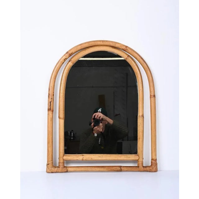 Mid-Century Italian Arch Mirror with Double Bamboo and Rattan Frame, 1970s For Sale - Image 11 of 13