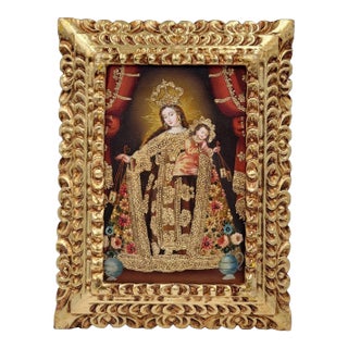 Gorgeous Estilo cuzqueño Painting "Red Madonna & Child " In Golden Wooden Frame. For Sale