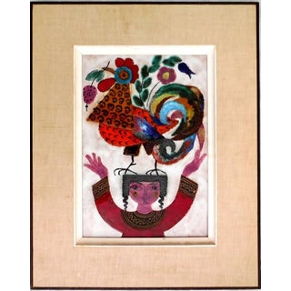 Irene Awret, Girl & Rooster Enamel Glazed Ceramic Plaque Israeli Artist Awret Naive Folk Art For Sale