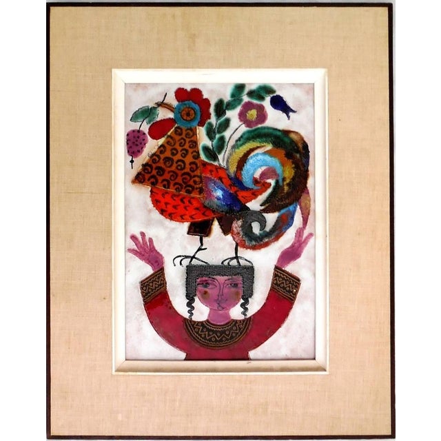 Irene Awret, Girl & Rooster Enamel Glazed Ceramic Plaque Israeli Artist Awret Naive Folk Art For Sale