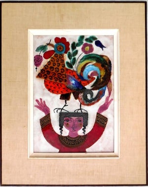 Irene Awret, Girl & Rooster Enamel Glazed Ceramic Plaque Israeli Artist Awret Naive Folk Art