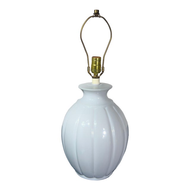 1980s Periwinkle Blue Ceramic Melon Table Lamp Postmodern Fluted Ribbed Statement Lamp For Sale
