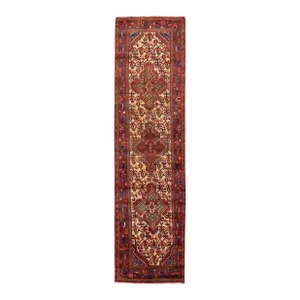 1960s Vintage Persian Hamadan Beige Handmade Geometric Wool Runner