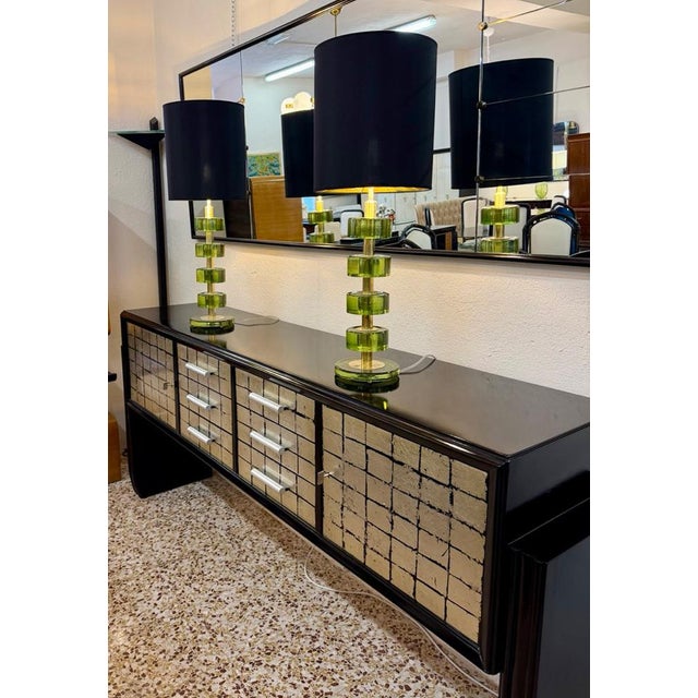 Italian Green Emerald Murano Glass Discs and Brass Lamps with Black Lampshades, 2000s, Set of 2 For Sale - Image 14 of 15