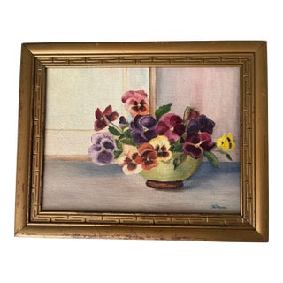 1960s Mid-Century Oil Painting - Pansies in a Bowl For Sale