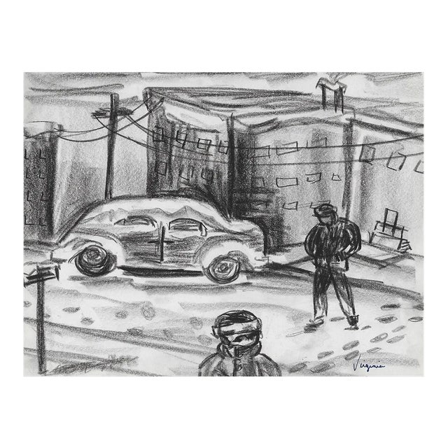 1950s Virginia Spencer Winter Street Scene Drawing For Sale