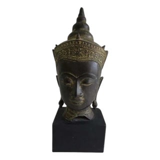 1960s Cast Bronze Crowned Tibetan Buddha Head on Painted Wood Base For Sale
