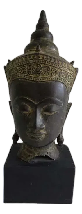 1960s Cast Bronze Crowned Tibetan Buddha Head on Painted Wood Base