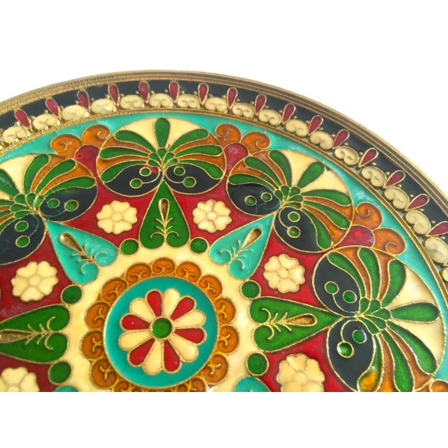 Vintage Mid Century Moroccan Brass Multicolor Inlaid Enamel Decorative Wall Plates - Set of 2 For Sale - Image 10 of 13
