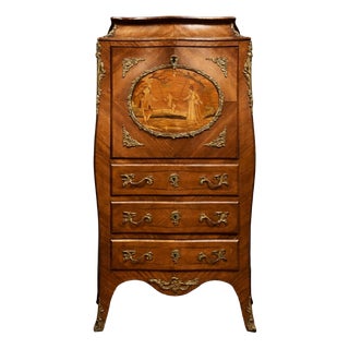 Louis XV Marquetry Secretaire with Gallant Scene in Gilt Bronze For Sale