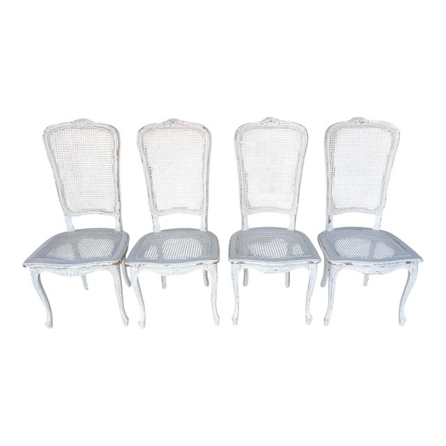 Vintage Italian Louis XV Style Double Cane Dining Chairs, Set of 4, Distressed White Finish For Sale