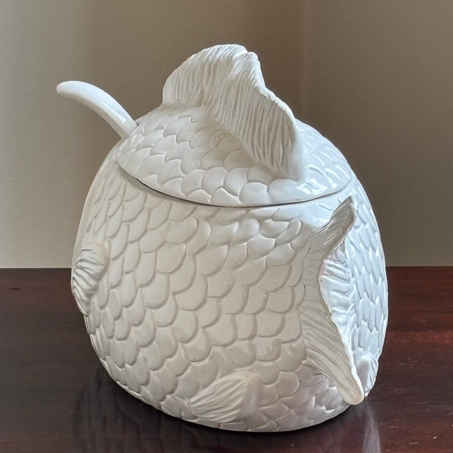 Mid 20th Century Vintage Hand Painted Ceramic Fish Tureen & Ladel For Sale - Image 5 of 16