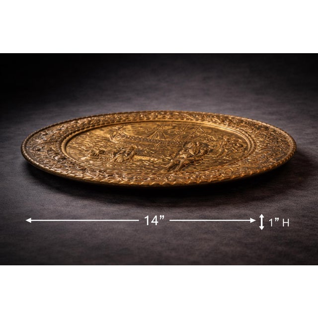 Title: Vintage Embossed Brass Wall Charger with European Maritime Relief Scene — 14" Decorative Hanging Plate --- Mobile-...