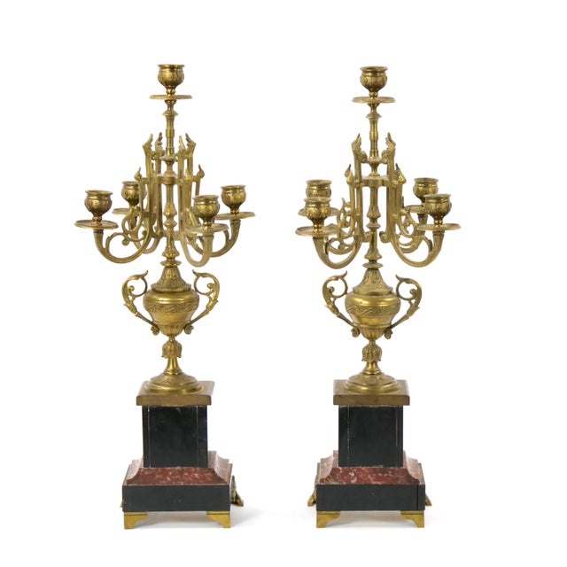 19th Century Gilt Bronze-Mounted Slate & Rouge Marble Five Arm Candelabra For Sale - Image 12 of 12