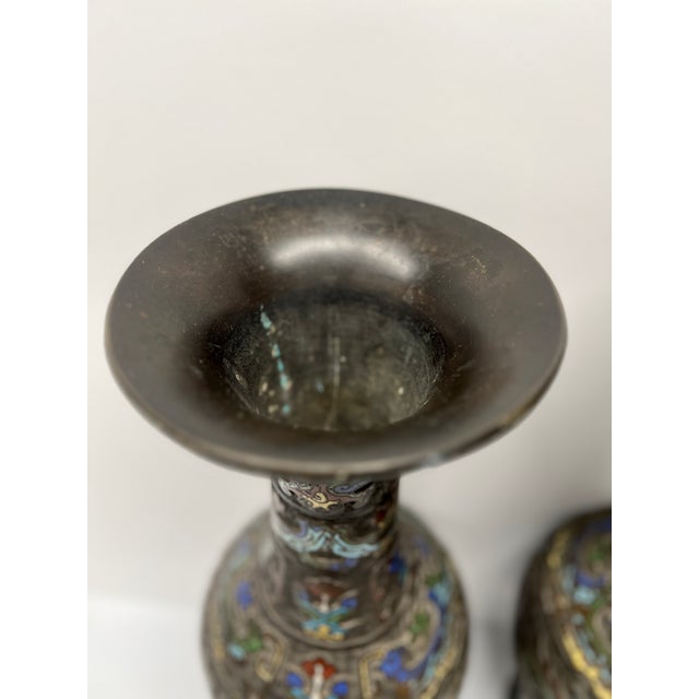 Japanese Pr. 19th C. Meiji Japanese Champleve Inset Bronze Vases Signed 21.25" For Sale - Image 3 of 11