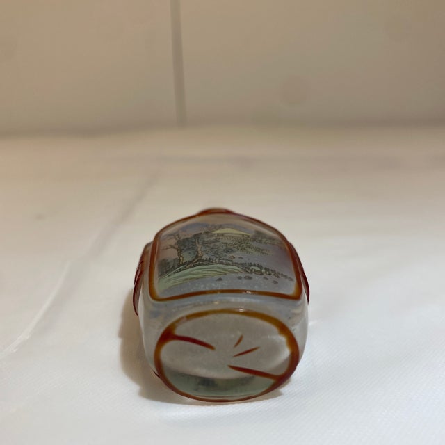 Vintage Asian Square Reverse Painted Crystal Snuff Bottle With Agate Stopper For Sale In Las Vegas - Image 6 of 11
