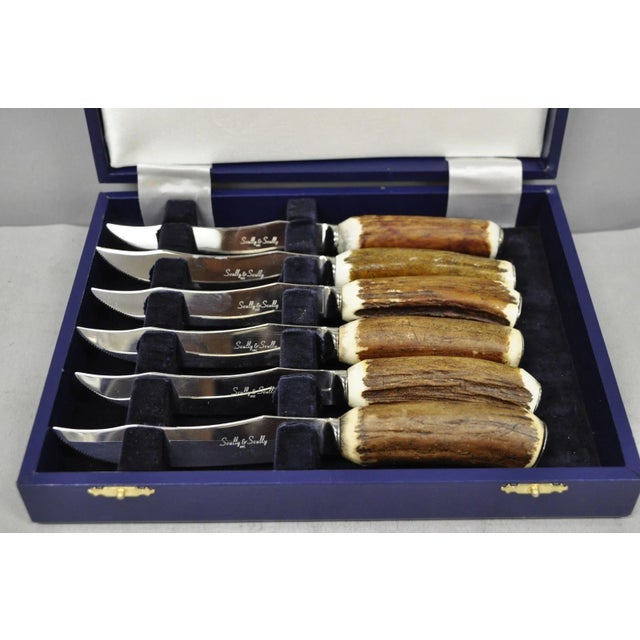 Vintage Scully & Scully Arts & Crafts Style Natural Staghorn Handle 8" Steak Knives in Original Case - Set of 6. Circa...