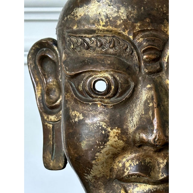 Tibetan Gilt Copper Alloy Mask on Display Stand For Sale - Image 10 of 18