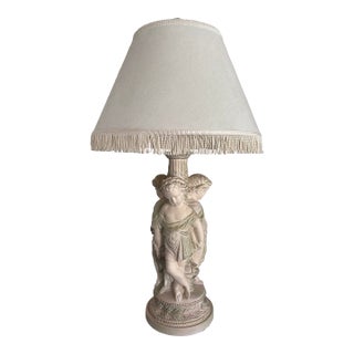 1990s Pacific Coast Lighting Neoclassical Cherub Table Lamp With Fringed Shade For Sale