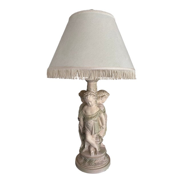 1990s Pacific Coast Lighting Neoclassical Cherub Table Lamp With Fringed Shade For Sale