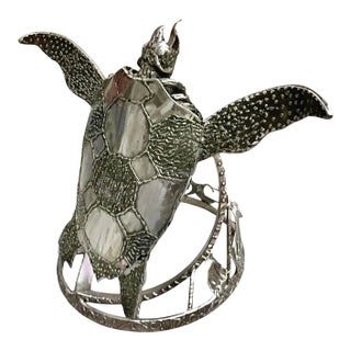 Sea Turtle Sculpture Large Heavy Metal Statue on Display Base Costal Decor For Sale