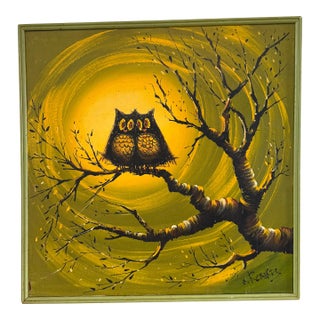 Vintage Signed C. Roberts Mid-Century Modern Owl Painting on Canvas | Original 36" X 36" Oil | Framed For Sale