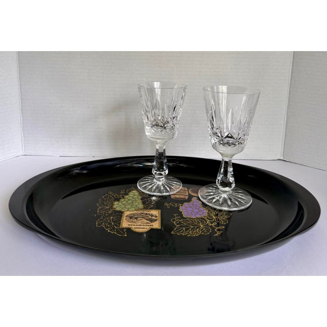1960s Couroc Monterey Black Serving Tray With Brass and Stone Inlay Wine Motif For Sale - Image 11 of 12