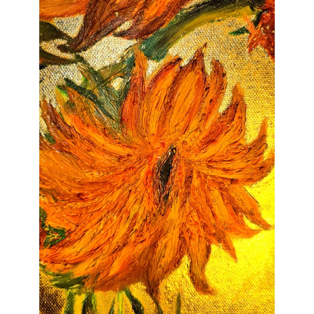 Contemporary Fine Art Sunflowers Hand Painted in Oils With Gold Leaf on Canvas For Sale - Image 6 of 18