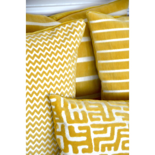 FirmaMenta Ochre Small Stripes Raffia Style Cotton Velvet Square Pillow For Sale - Image 4 of 7