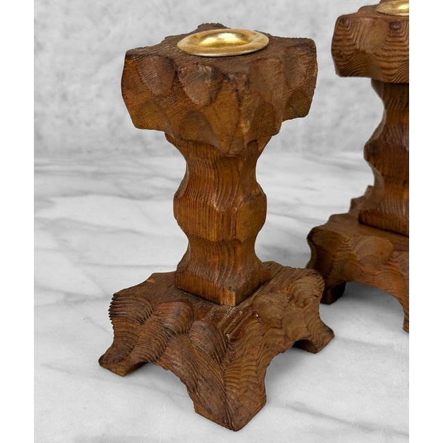Wood Vintage Brutalist Tiki Carved Wood Candlestick Holders - A Pair For Sale - Image 7 of 8