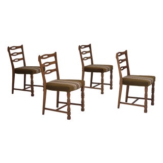 Danish Dining Chairs in Oak & Green Wool, 1970s, Set of 4 For Sale