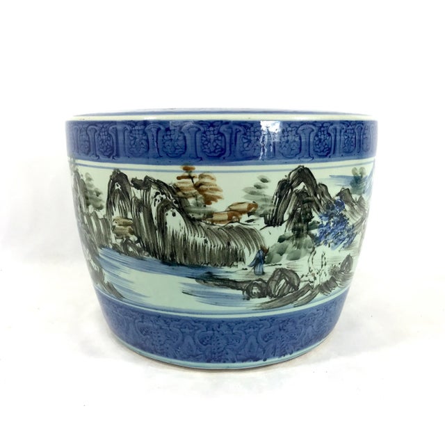 Mid 20th Century Old Hand Painted Blue & White Porcelain Chinese Planter, Wrap Around Shan Shui Mountain & Water Landscapes For Sale - Image 5 of 11