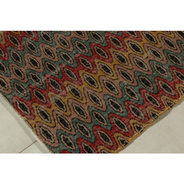 1960s 1960s Vintage Distressed Zeki Müren Rug in Red, Gold, Blue, Pink Retro Pattern For Sale - Image 5 of 7
