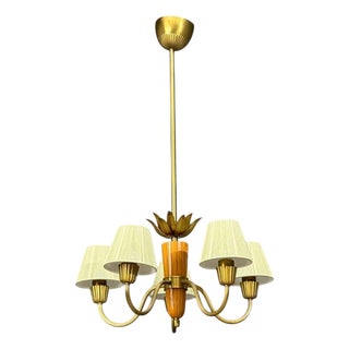 Asea, Chandelier, Brass, Elm, Fabric, Sweden, Sweden, 1947 For Sale