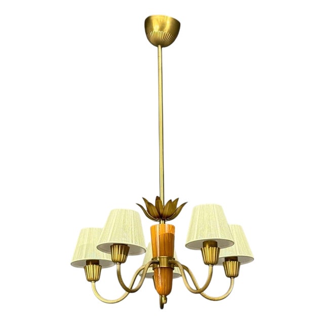Asea, Swedish Modern, Chandelier, Brass, Elm, Fabric, Sweden, 1947 For Sale