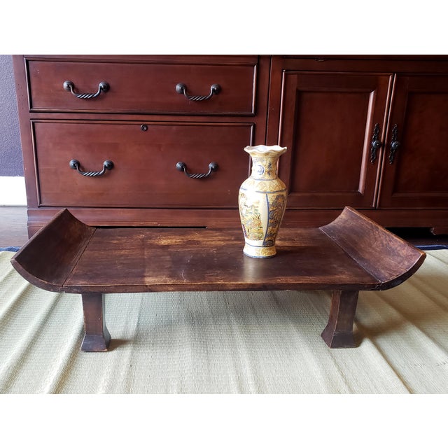 19th C. Chinese Elm Kang Table With Everted Ends, Low Wabi Sabi Riser For Sale - Image 4 of 9
