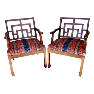 1970s Chinese Chippendale Ming Mahogany Upholstered Fretwork Wood Armchairs, a Pair For Sale