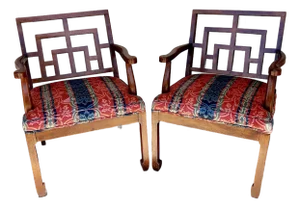1970s Chinese Chippendale Ming Mahogany Upholstered Fretwork Wood Armchairs, a Pair