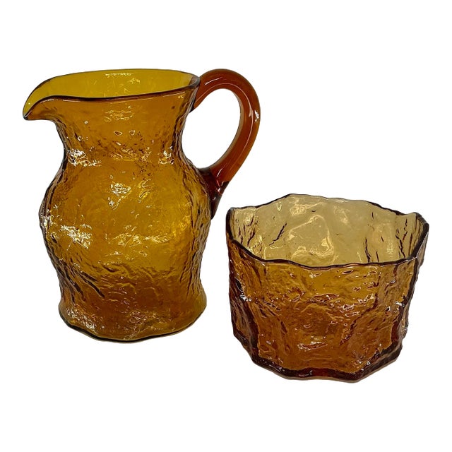 Vintage Mid Century Morgancetown Crinkled Amber Glass Pitcher and Ice Bucket Set For Sale