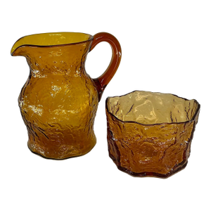 Vintage Mid Century Morgancetown Crinkled Amber Glass Pitcher and Ice Bucket Set