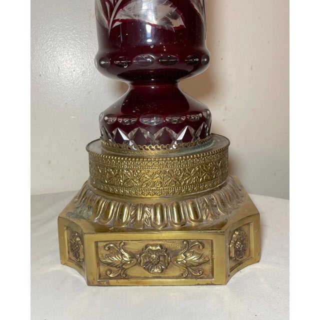 Glass 1960s Large Vintage Cut to Clear Bohemian Czech Cranberry Glass Crystal Table Lamp For Sale - Image 7 of 9