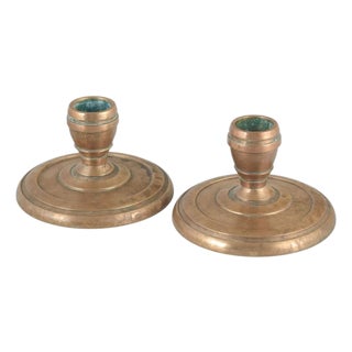 Vintage Danish Brass Candlesticks with Circular Base, 1940s, Set of 2 For Sale