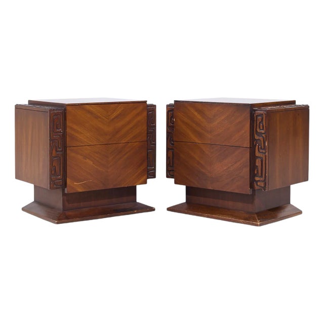 United Mid Century Walnut Tiki Brutalist Nightstands - Pair For Sale